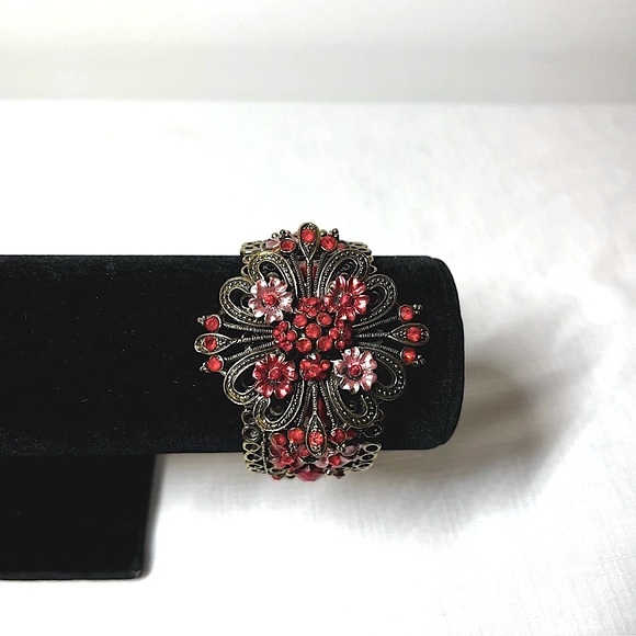 Vintage Large Pink and Red Floral and Jeweled Cuff Bracelet. Unique. Interesting - Picture 1 of 6